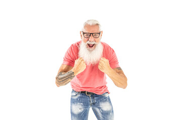 Fototapeta premium Happy modern bearded man posing in studio. Successful and handsome adult senior smiling.