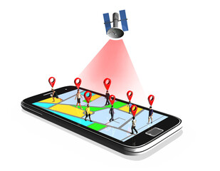 3d Smartphone mit Satellit und GPS Tracking  mit Menschen auf den Strassen, isoliert
