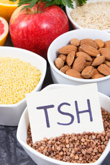 Natural ingredients, fruits and vegetables containing vitamins for healthy thyroid