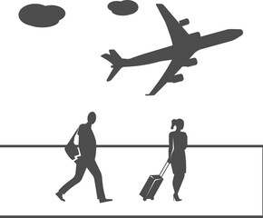 Vector illustration of passengers with suitcases walking through the airport.