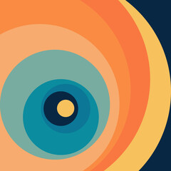 Abstract illustration of colorful retro style circles in yellow, blue, orange and turquoise colors on navy blue background