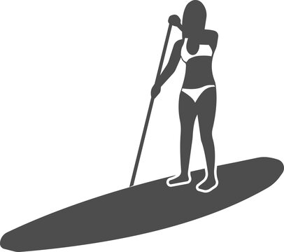 Vector image of a girl rowing with an oar, standing on a board.