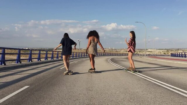 Back view of portrait of long board babes