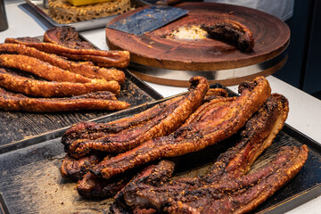 Delicious roast pork on the chopping board