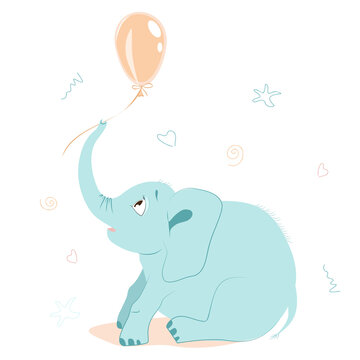 A small blue elephant is sitting and looking at a pink balloon. Vector illustration for decoration in the children's room