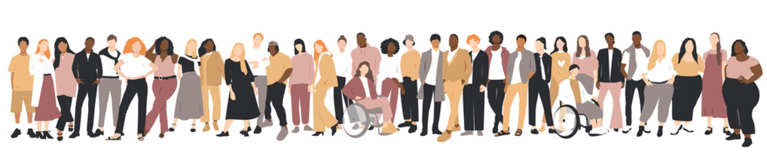 People of different ethnicities stand side by side together. Flat vector illustration.