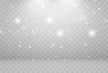 Vector illustration of flying snow on a transparent background.Natural phenomenon of snowfall or blizzard.