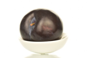 One organic tasty dark purple plum in a earthenware saucer, close-up, isolated on white.