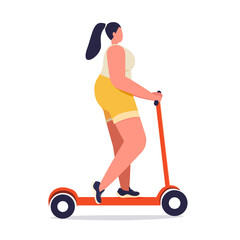 Woman riding a scooter. Modern electric scooter, ecological transport. Outdoor activities and sports.Vector illustration in a flat style. Isolated on white background.