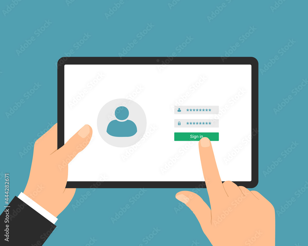 Poster flat design illustration of manager or business hand use digital tablet with touch screen login. ent