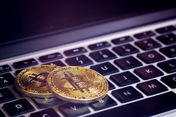 Bitcoins, Crypto Money, Bitcoin Transactions on Laptop