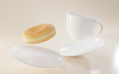 Flying coffee cup with saucer and golden doughnut mock up banner. Confectionery pastry for breakfast or sweet round dessert with white empty mug on isolated beige background. Realistic 3d illustration