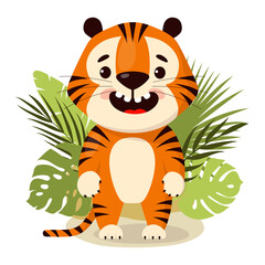 Cute cartoon tiger with palm leaves, vector illustration
