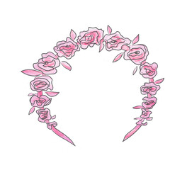 Decoration Headband with pink Roses for Ballet dancer. Hair Hoop. Cartoon watercolor hand drawn illustration of hair accessory