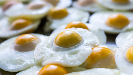 Oil-free fried eggs are lined up on an aluminum tray.