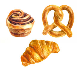Set of watercolor illustrations, painting. Isolated objects on a white background. Cinnamon roll, bun, pretzel, golden crust croissant. Baking, food drawing. Elements for menu design. Home made recipe