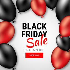 Black friday sale promotion banner with red and black shiny balloons.