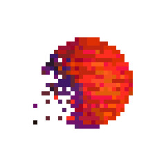 Сrumbling planet icon. Pixel art style. 8-bit sprite. Old school computer graphic style. Isolated vector illustration. Knitted design.