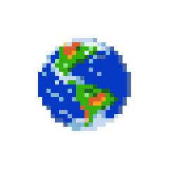 Planet Earth globe pixel art icon. Design for mobile app, web, logo. Isolated vector illustration.8-bit sprite.