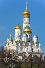 Fototapeta na wymiar Archangel Cathedral and Ivan the Great Bell Tower in the Moscow Kremlin on a sunny April day