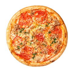 Pizza with tomato slices, beef slices with cheese and fresh herbs overhead view isolated on white...