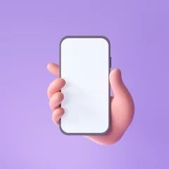 Fotobehang 3D Cartoon hand holding smartphone isolated on purple background, Hand using mobile phone mockup. 3d render illustration © StockStyle