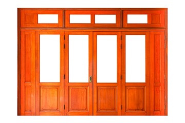 Large brown wooden door entrance to the building isolated on a white background