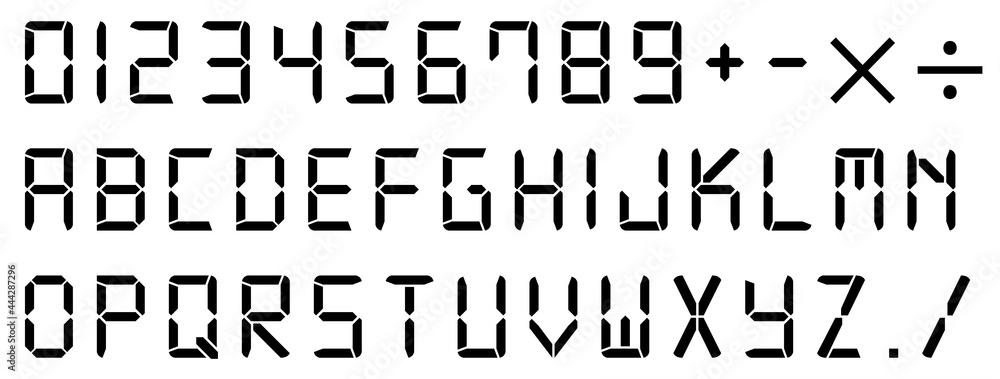 Fototapete set of digital clock or calculator english alphabet texts a to z and numbers isolated on white backg