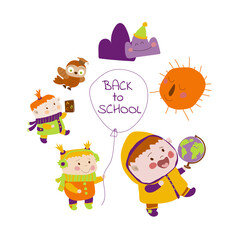 Happy friends go to school. Cheerful children go to school with animals. Back to scholl. Vector illustration in cartoon style on white background. Hand drawn. Isolate. Postcard, poster, flyers