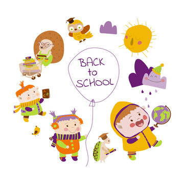 Happy friends go to school. Cheerful children go to school with animals. Back to school. Vector illustration in cartoon style on white background. Hand drawn. Isolate. For printing postcards, posters