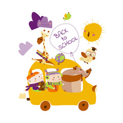 Happy friends ride the bus to school. Children go to school with animal friends. Back to schoololl.  Vector illustration in cartoon style on white background. Hand drawn. Isolate. For printing postcar