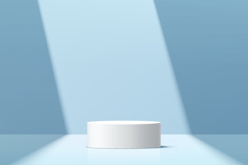 Abstract 3D white cylinder pedestal podium with pastel blue minimal wall scene and shadow. Modern vector rendering geometric platform for cosmetic product display presentation.