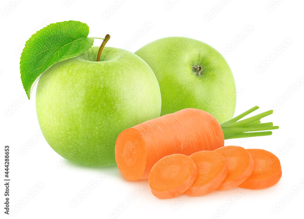 Sticker composition with sliced carrot and apples isolated on a white background.