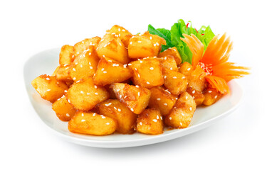 Korean Side Dish Potatoes Gamja Bokkeum or Gamja jorim in Sweet sauce Sprinkle with Sesame