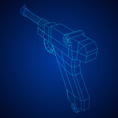 German world war military firearm pistol. Wireframe low poly mesh vector illustration.