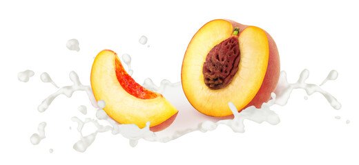 Fototapeta na wymiar Cutted peach in milk splashes isolated on white background.