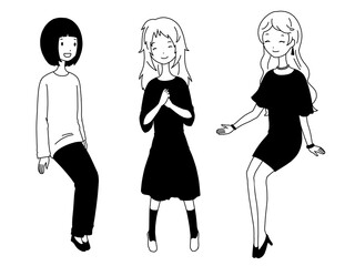 白黒の座っている笑顔の女性3人セット