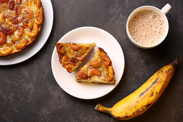 Malabar banana cake kayappola, Indian milk tea  pazham pola , banana pie made in skillet fruitcake made with eggs and Kerala banana for Ramadan, Eid . tea time snack breakfast dessert India Sri Lanka 