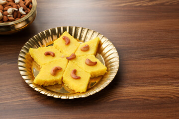 Rava kesari , Kesari bath , sheera or suji halwa  Indian sweet  food.mithai for Diwali ,pongal, dussehra ugadi Karnataka, Tamil Nadu , south Indian , North Indian, Sri Lanka Semolina pudding dessert