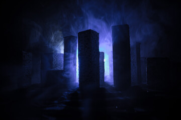 Empty street of burnt up city, flames on the ground and blasts with smoke in the distance....