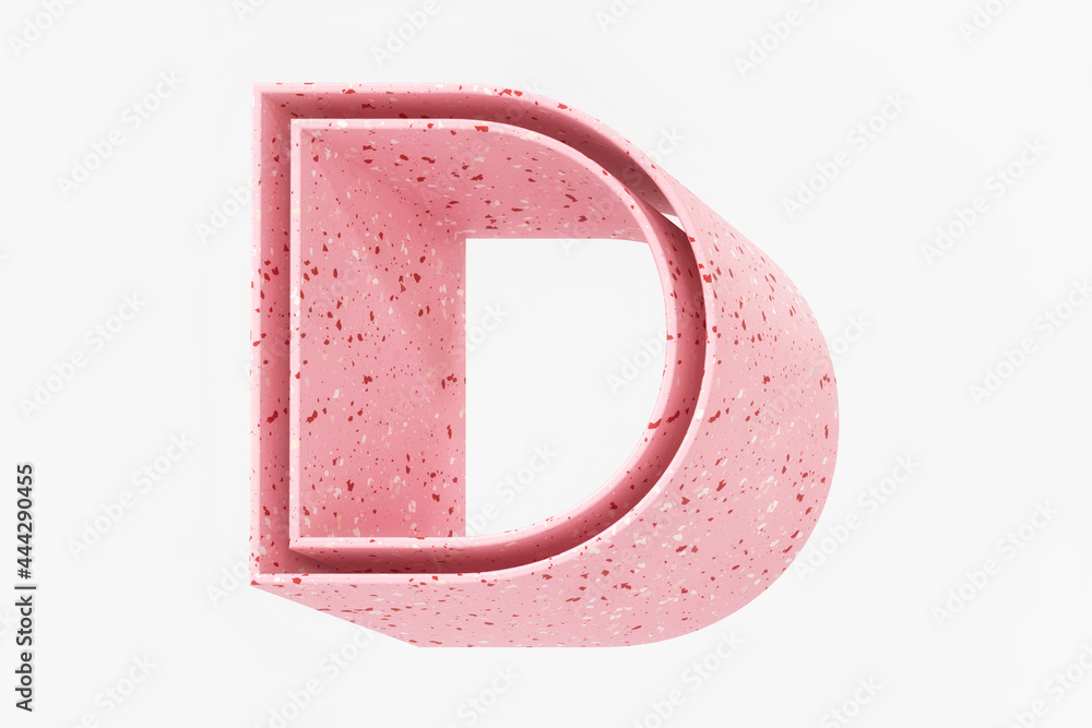 Poster terrazzo stone font feminine beautify concept. 3d letter d pink color with red and white specks patt