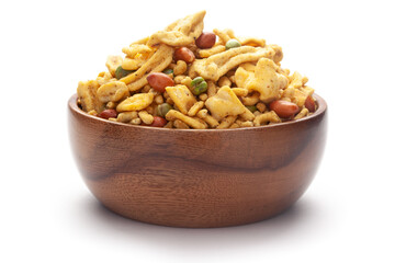 Close up of plane salty Golden Mixture Indian namkeen (snacks)  In hand-made (handcrafted) wooden bowl