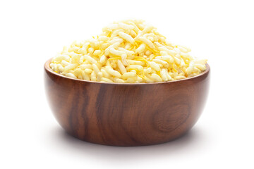Close-Up of Crunchy Lemon Bhel In hand-made (handcrafted) wooden bowl made with Puffed Rice small besan sev. Indian spicy snacks (Namkeen),