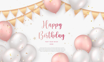Elegant rose pink white silver ballon and golden ribbon Happy Birthday celebration card banner template background