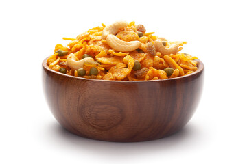 Close up of corn flex mixture Indian namkeen (snacks) In hand-made (handcrafted) wooden bowl