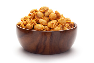 close-up of Roasted Crunchy Peanuts In hand-made (handcrafted) wooden bowl, made with peanuts. Pile of Indian spicy snacks (Namkeen),