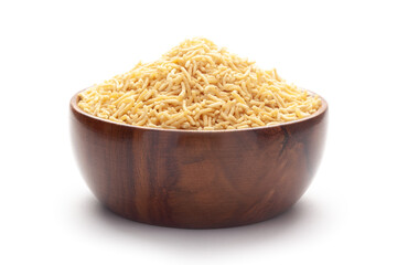 Close-Up of Salty plane Bhujia In hand-made (handcrafted) wooden bowl, made with Chickpeas or gram...
