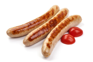 Grilled German pork sausages, Thuringer Rostbratwurst, close-up, isolated on white background.