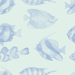 Fish underwater sea ocean corals algae seashells watercolor hand drawn illustration