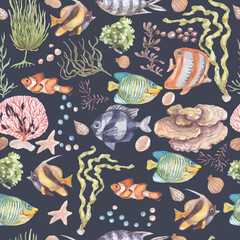 Fish underwater sea ocean corals algae seashells watercolor hand drawn illustration